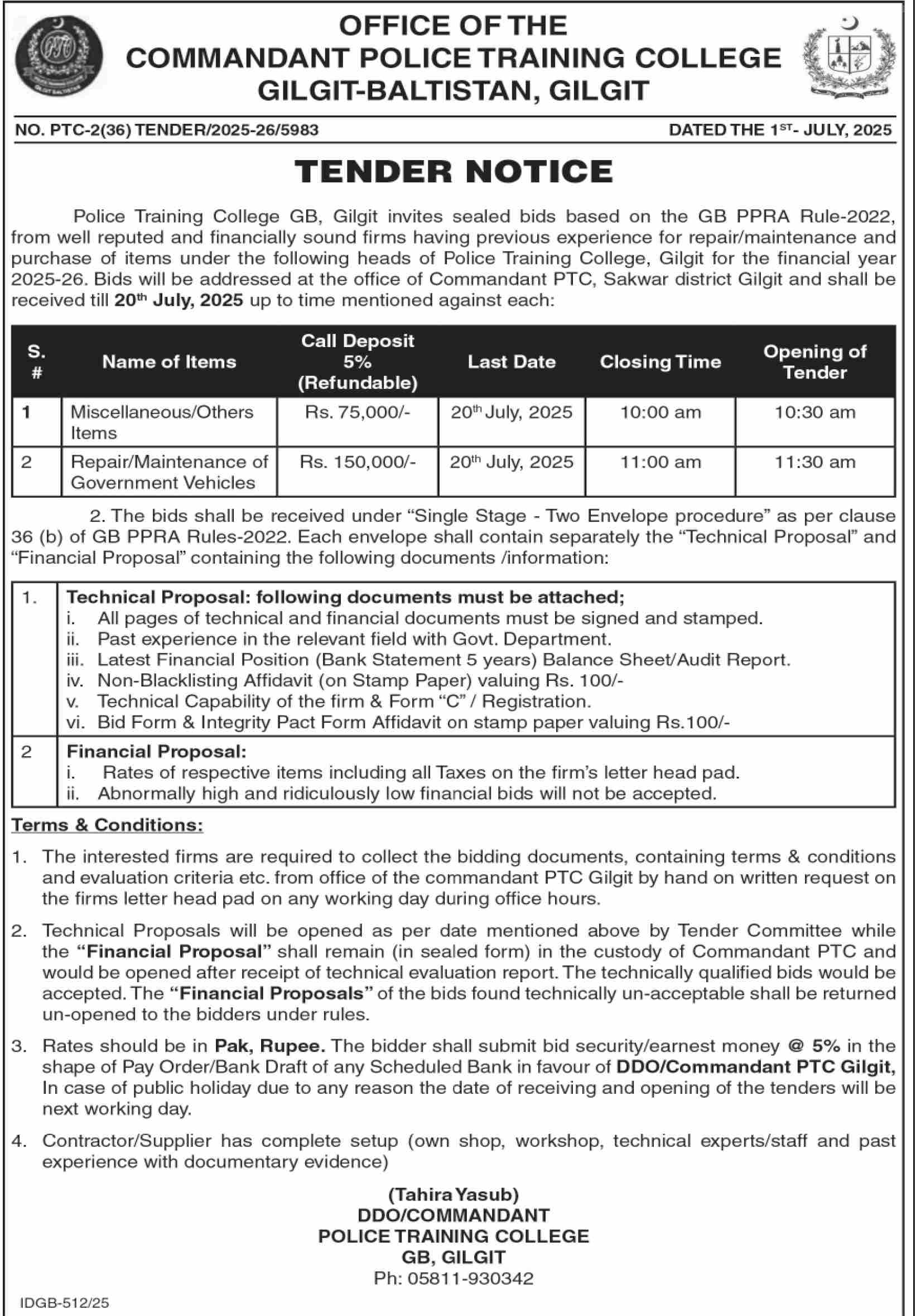 Police Training College Gitgit Baltistan Tender Notice
